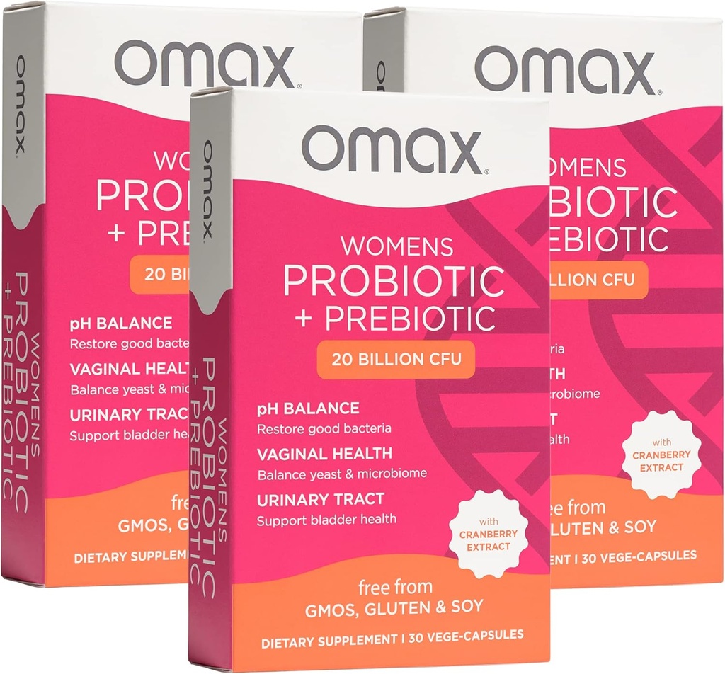 Omax3 Womens Probiotic + Prebiotic, Cranberry & Chicory Root, 20 Millioner CFU, 6 Clinically Proven Strops, Vaginal pH, UTI, Bloating, (Packaging May Vary)