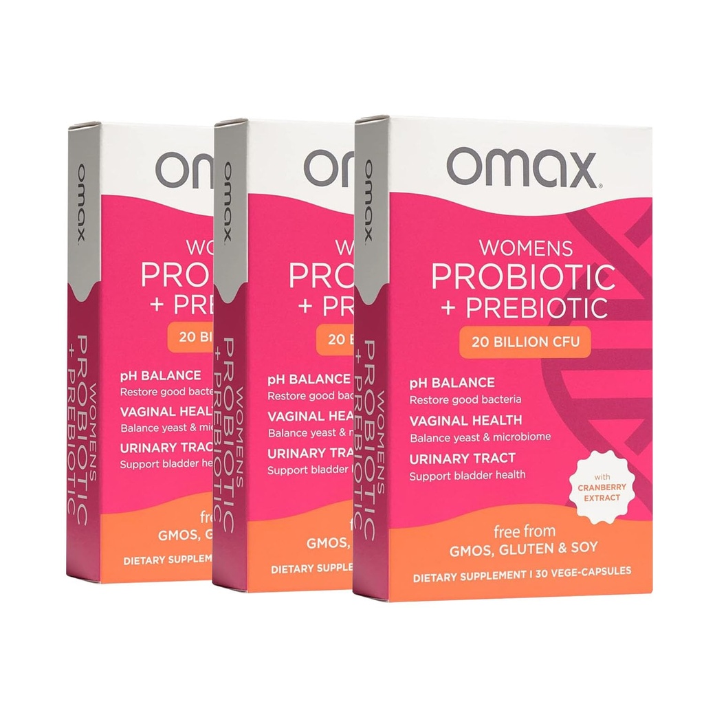 Omax3 Womens Probiotic + Prebiotic, Cranberry & Chicory Root, 20 Millioner CFU, 6 Clinically Proven Strops, Vaginal pH, UTI, Bloating, (Packaging May Vary)