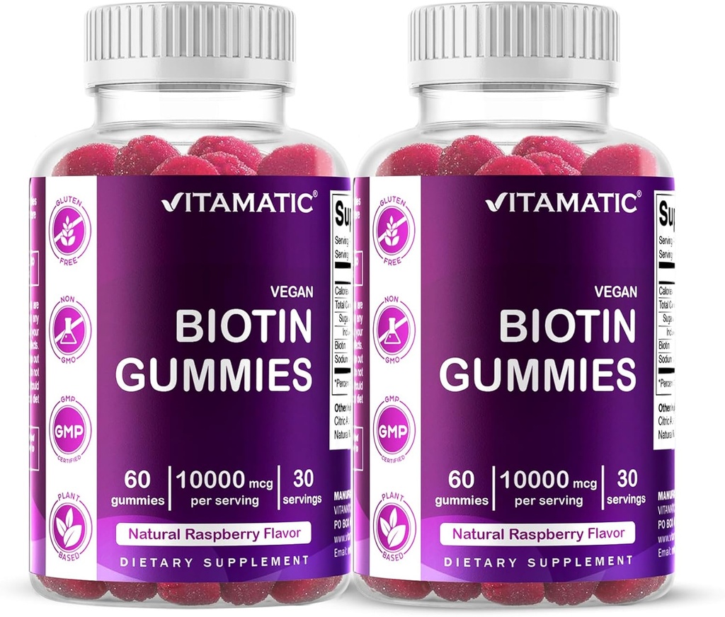 Vitamatisk biotin gummies 10.000 mcg for stærkere hår, hud & negle - 60 Vegansk gummies - også kaldet vitamin B7 (2 flasker)