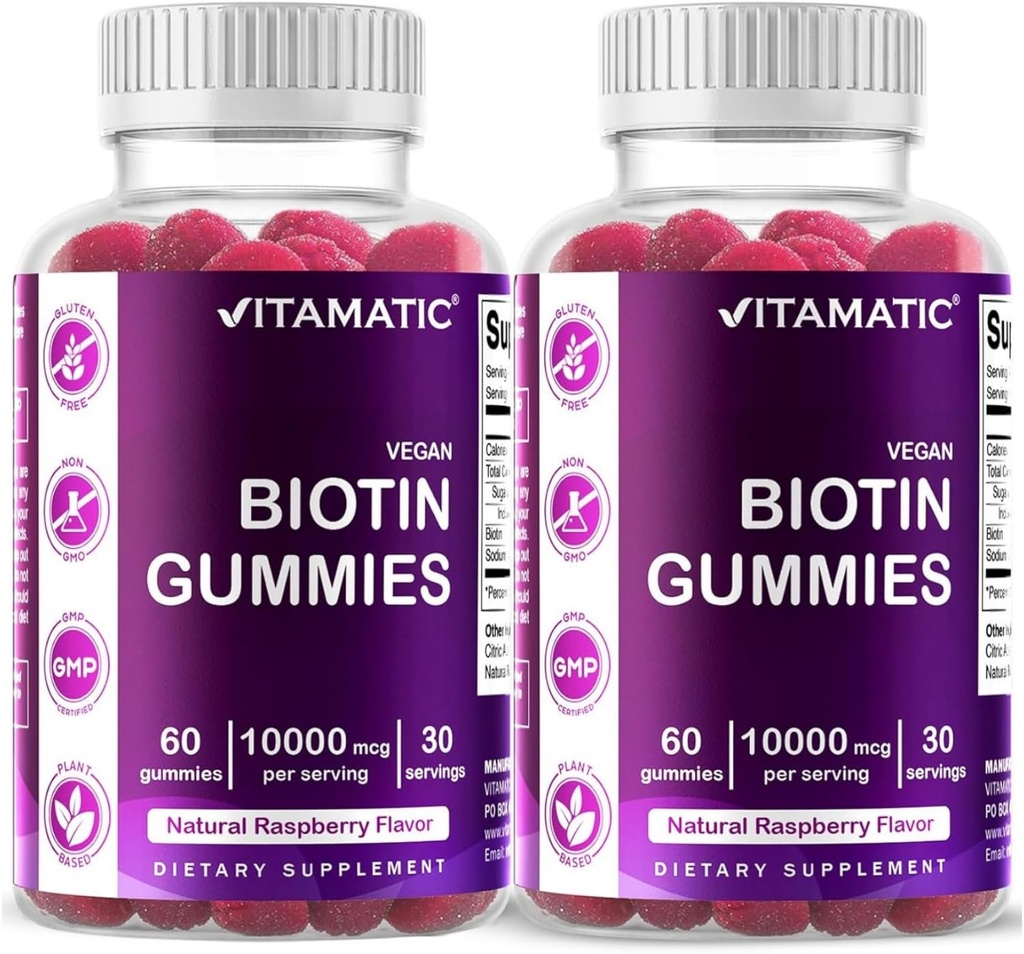 Vitamatisk biotin gummies 10.000 mcg for stærkere hår, hud & negle - 60 Vegansk gummies - også kaldet vitamin B7 (2 flasker)