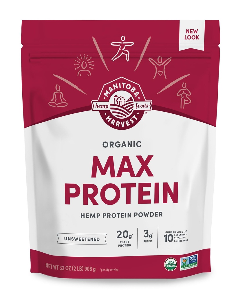 Manitoba Høst Hamp Ja Økologisk Max Proteinpulver, Usødet, 32oz, med 20g Protein og 4,5g Omegas 3 & 6 per Servering, Keto-Friendly, Konserveringsfri, Non- GMO, Packaging May Vary