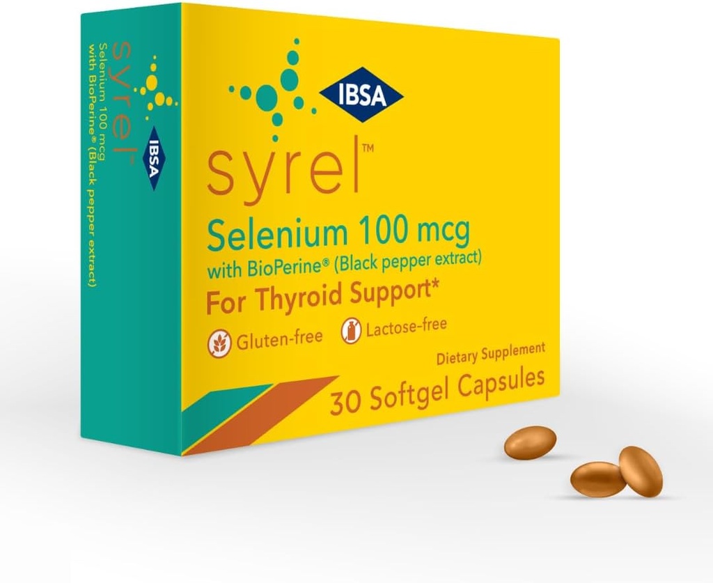 Syrel - Thyroid Support Supplement - 100mcg Selenium og 5mg BioPerine - 30 Soft- Gel Caps for øget biotilgængelighed og Absorption - Gluten- Free, Lactose- Free, Sugar- Free, Non- GMO
