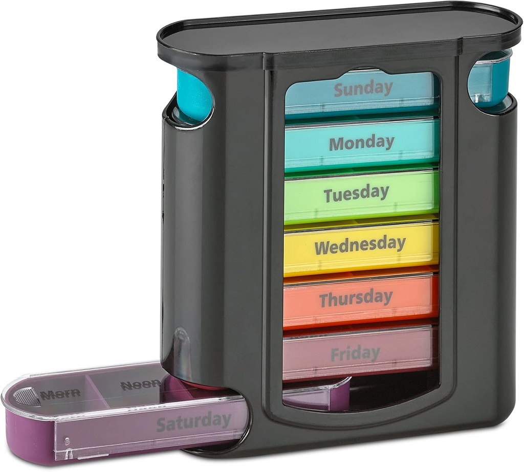 Ugentlig Pill Organizer, 1 Dispenser, 7 stablede kompartmenter Fire Time- a- Day - Morgen, Noon, Aften, og Sengetid, Sort