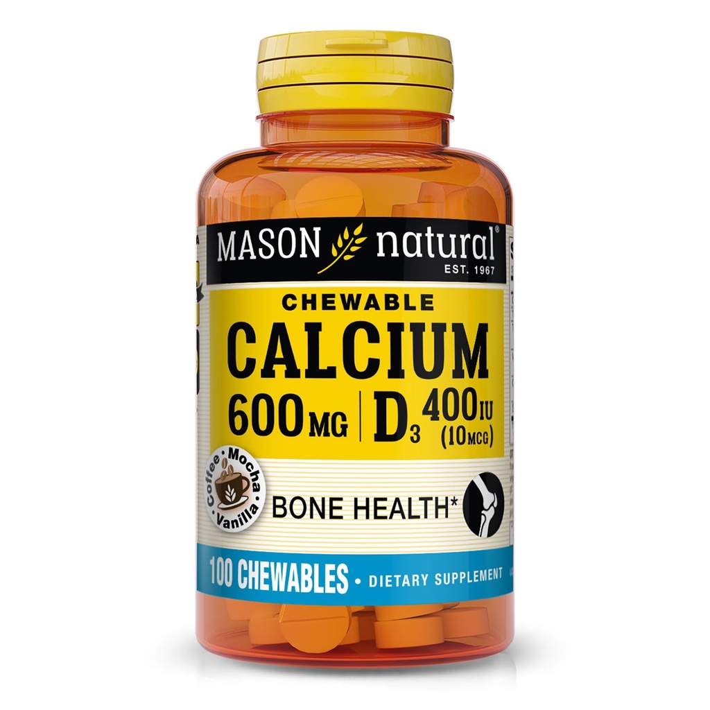 MASON NATURAL Calcium 600 mg med D3- vitamin, 100 dages forsyning, understøtter sunde knogler og normal muskelfunktion, kaffe Mocha Flavor, 100 tyggetabletter