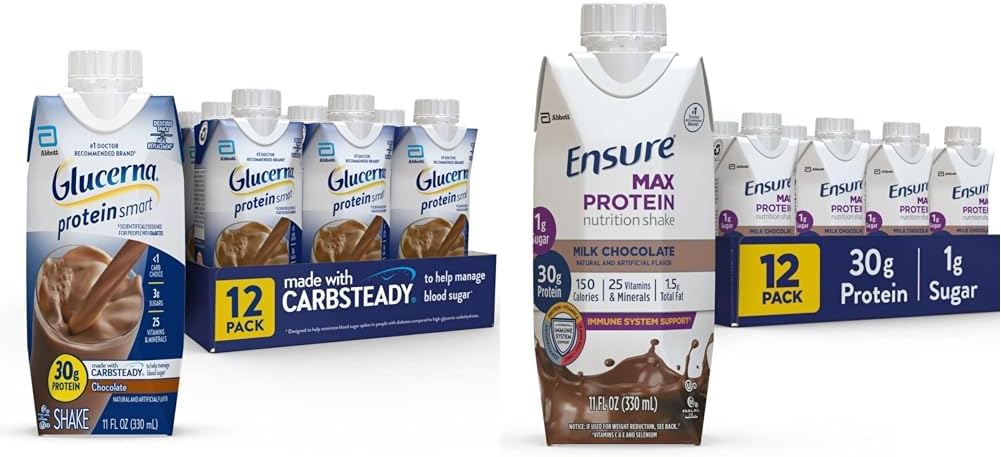 Glucerna Protein Smart Nutritional Shake & Sikre Max Protein Nutrition Shake med 30g Protein, 1g sukker, High Protein Shake, Milk Chocolate, 11 Fl Oz (Pack of 12), Flydende, Halal