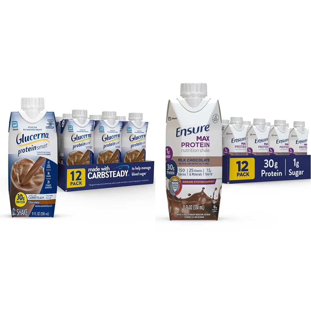 Glucerna Protein Smart Nutritional Shake & Sikre Max Protein Nutrition Shake med 30g Protein, 1g sukker, High Protein Shake, Milk Chocolate, 11 Fl Oz (Pack of 12), Flydende, Halal