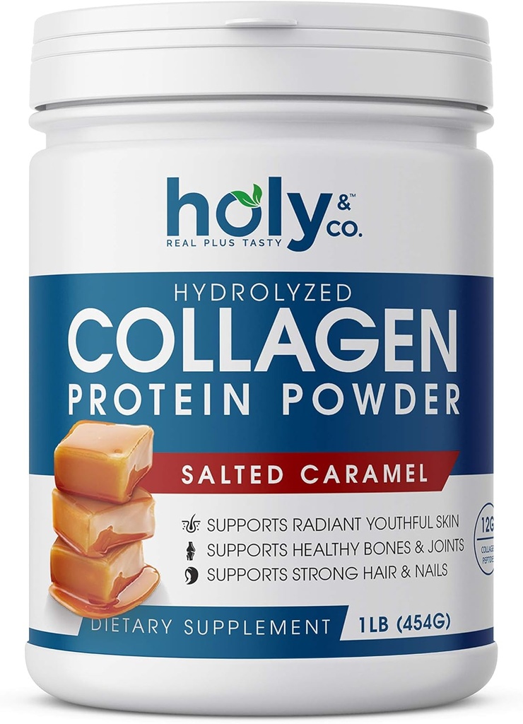 Holy and Co. Collagen Peptider Protein Powder for Men and Women - Non-GMO, Keto / Paleo Friendly, Kosher & Gluten Free - Saltet Caramel 16oz (1LB)
