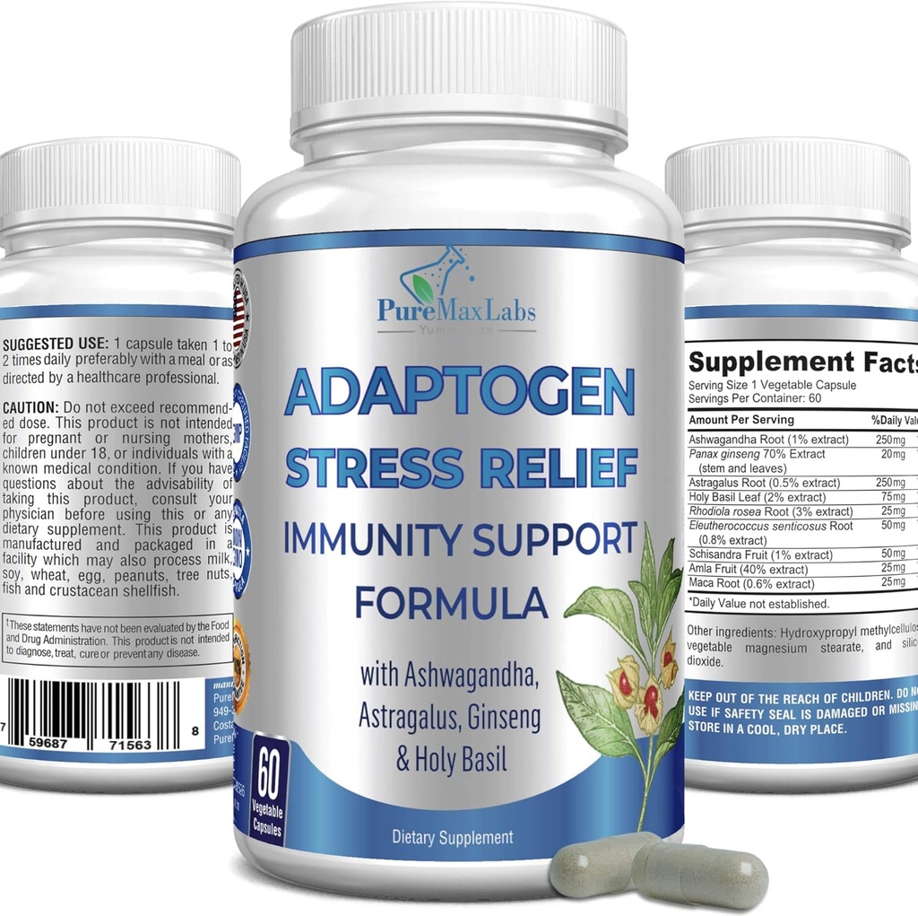 Adaptogen Stress Relief immunstøtte Formel - Adaptogen Adrenal Support med Ashwagandha, Astragalus, Ginseng, Holy Basil, Rhodiola, Amla, Maca, Schisandra, Non- GMO - 60 Kapsler