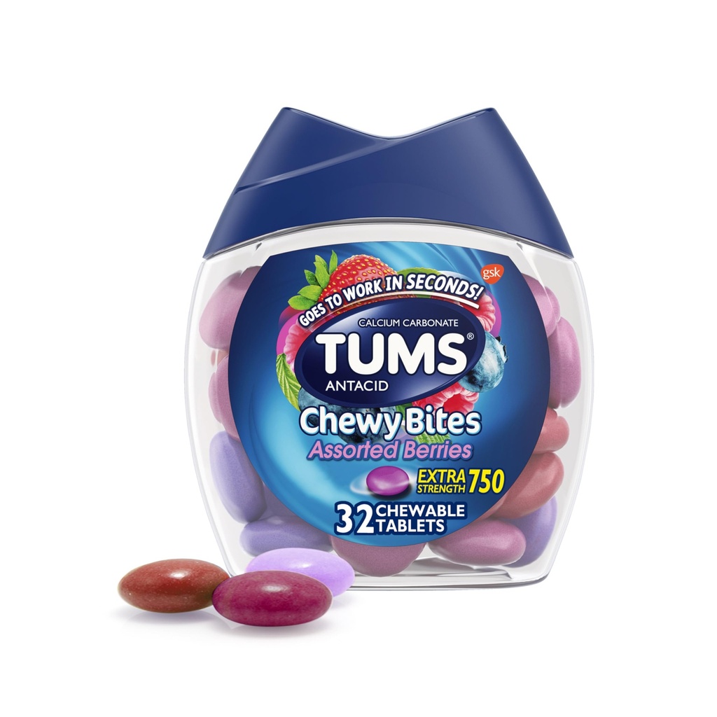 TURMS Chewy Bites Antacida tabletter til Chewable Heartburn & Syre fordøjelsesbesvær Relief, Assorterede bær, 32 Greve
