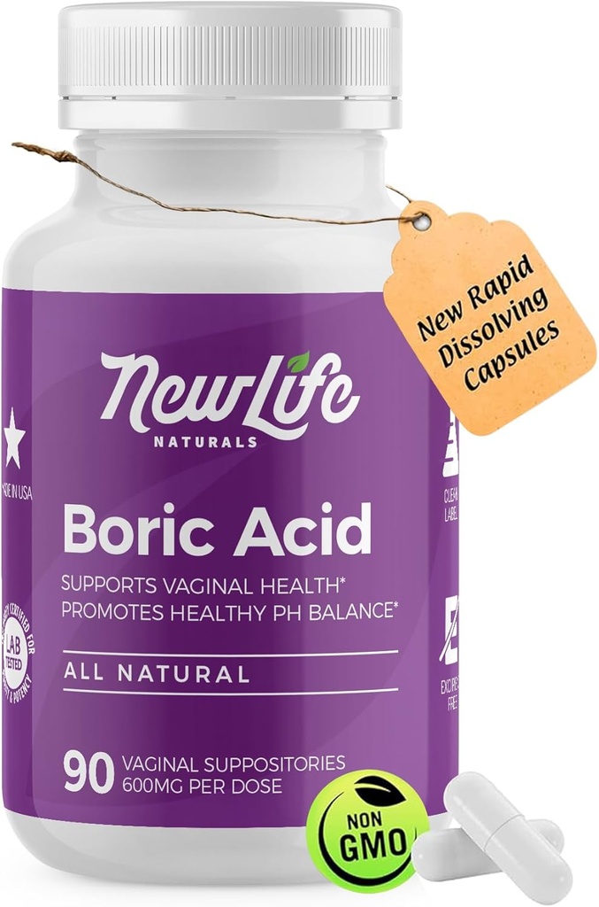 NewLife Naturals - Medical Grade Boric Acid Vaginal Suppositorier - 600mg - 100% Pure Dame pH Balance Pills - Gær Infektion, BV - 90 Kapsler: Made in USA