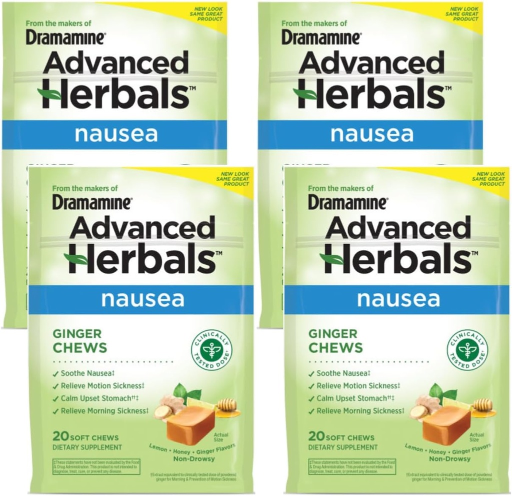 Dramamin ingefær, hjælper med kvalme, Lemon honning ingefær, 20 bløde tyre (pakke med 4)