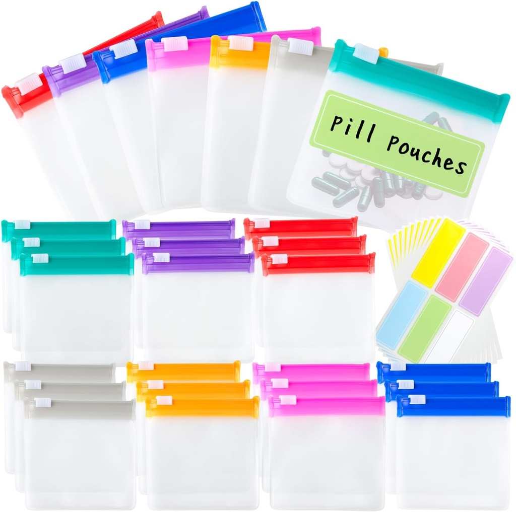 Pill Pouch tasker Genanvendelige rejse Pill Pouches med etiketter sæt 21 Pcs Pill Baggies Daily Medicine Pill Organizer Small Medicine Bag Self Seal Plastic Pill Pakker med Slide Lock (7 farver)