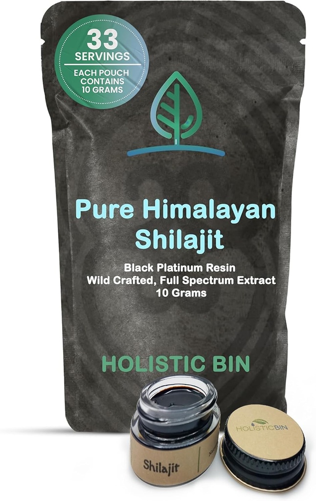 Holistisk Bin Shilajit Resin - Himalayan Fulvic & Trace - Black Platinum Resin - Shilajit Extract - Mix into Liquids - Servering Spoon inkluderet - 10g