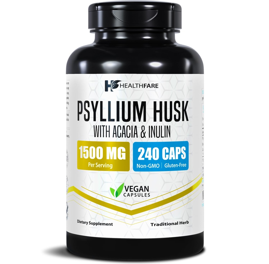 Healthfare Psyllium Husk Fiber 1500mg | 240 Vegan Capsules | Extra Strength Fiber Supplement | Supports Digestive Health | Non-GMO, Gluten-Free | Made in USA