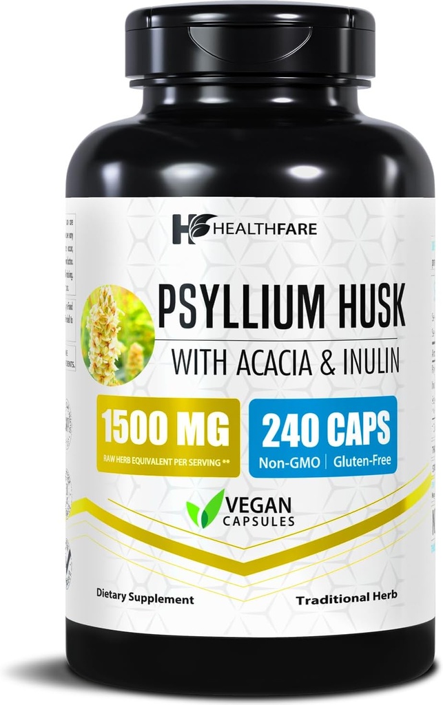Healthfare Psyllium Husk Fiber 1500mg • 124; 240 Vegankapsler • 124; Ekstra styrke • Fiber Supplement • 124; Understøtter fordøjelse • 124; Non- GMO - Gluten- Free • 124; Fremstillet i USA