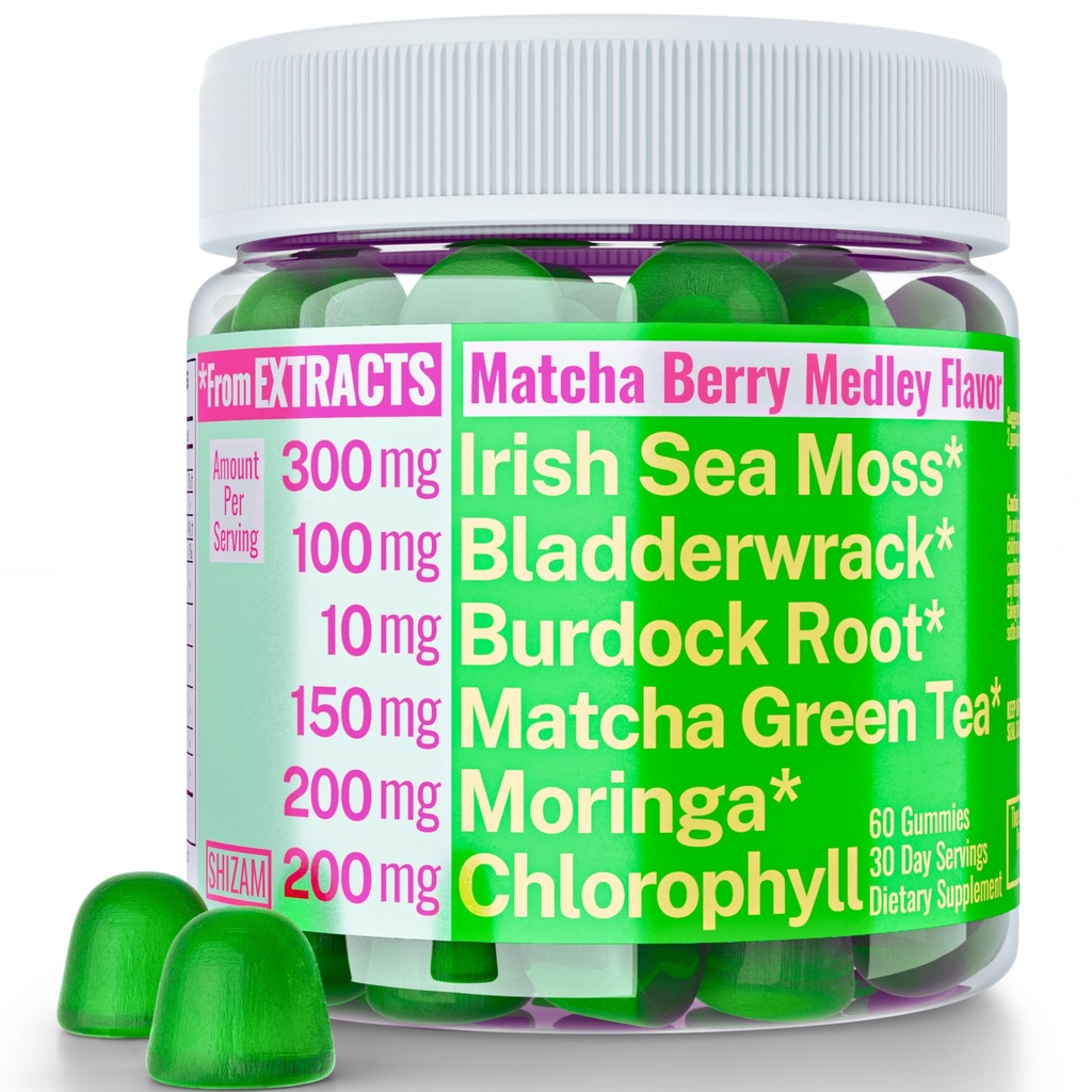 Moringa Irish Sea Moss Chlorophyll EGCg Green Tea Burdock Root Bladderwrack Super Green Gummies, Powder Kapsler piller flydende dråber olie tinktur supplement kosttilskud Alt, Organic Green Seamoss