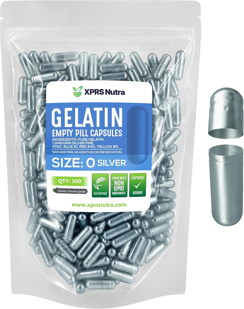XPRS Nutra Størrelse 0 Tomme kapsler - 500 Tomme Gelatine kapsler - Piller selv Capsule Fyldning - Pure Bovin Pille Gel Caps til Do- It- Yourself Kosttilskud (Sølv)
