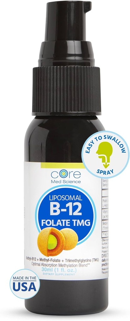 Core Med Science Liposomal B12 Folate TMG flydende spray supplement til kvinder & mænd - Understøtter Mood, Kognitiv, & Heart Health - Vitamin B9 & betain for Homocysteine Nivels & Methylation Cycle, 1 Fl Oz