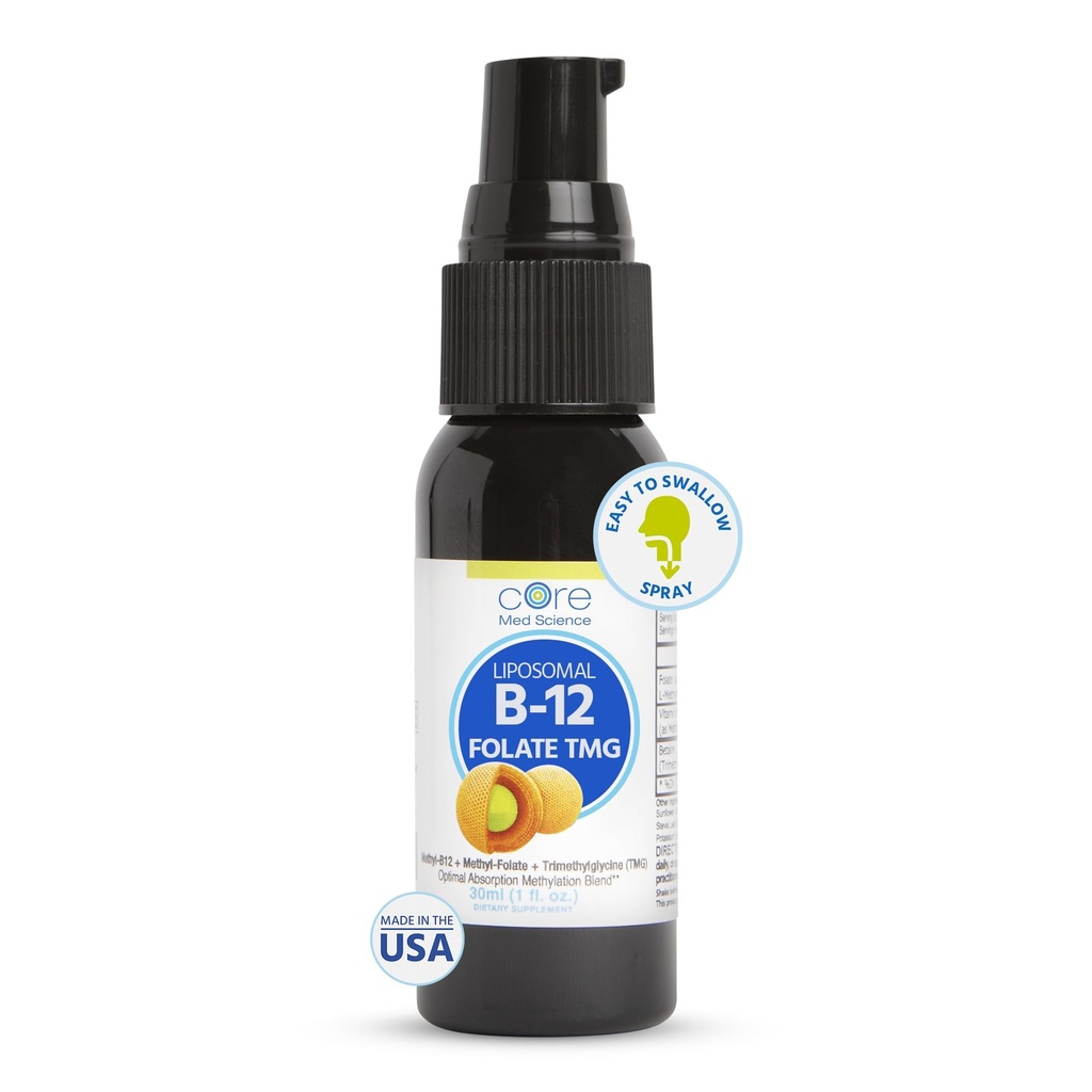 Core Med Science Liposomal B12 Folate TMG flydende spray supplement til kvinder & mænd - Understøtter Mood, Kognitiv, & Heart Health - Vitamin B9 & betain for Homocysteine Nivels & Methylation Cycle, 1 Fl Oz