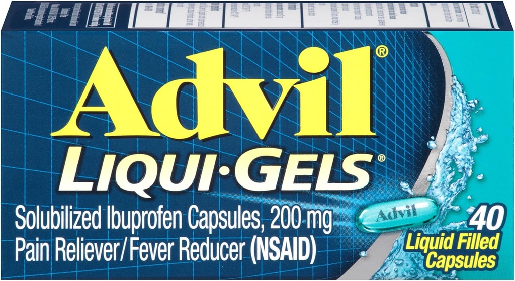 Advil Liqui- Gels Pain Reliever og Feber Reducer, smertestillende medicin til voksne med Ibuprofen 200mg For hovedpine, rygsmerter, menstruation og fælles smertelindring - 40 Væskefyldte kapsler