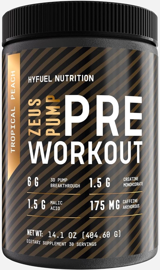 Zeus Pump Pre Workout Powder - Boost Fokus og energi - Pre- Workout med Creatin, L- Citrullin, Agmatine, Kanna, Betaine Vandfri - 3D Pump Breakthrough ® Formel, Sugar- Free - Tropical Peach Flavor