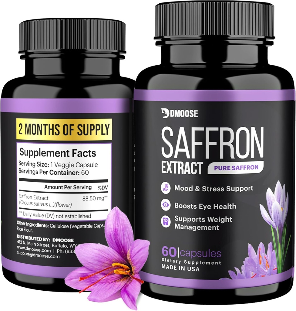 DMoose Saffron Extract (88, 5 mg) - Enhance Energy, Support Eye Health - Ikke-GMO Safran supplement til mænd og kvinder - 60 kapsler (2 måneder servering) (60 greve)