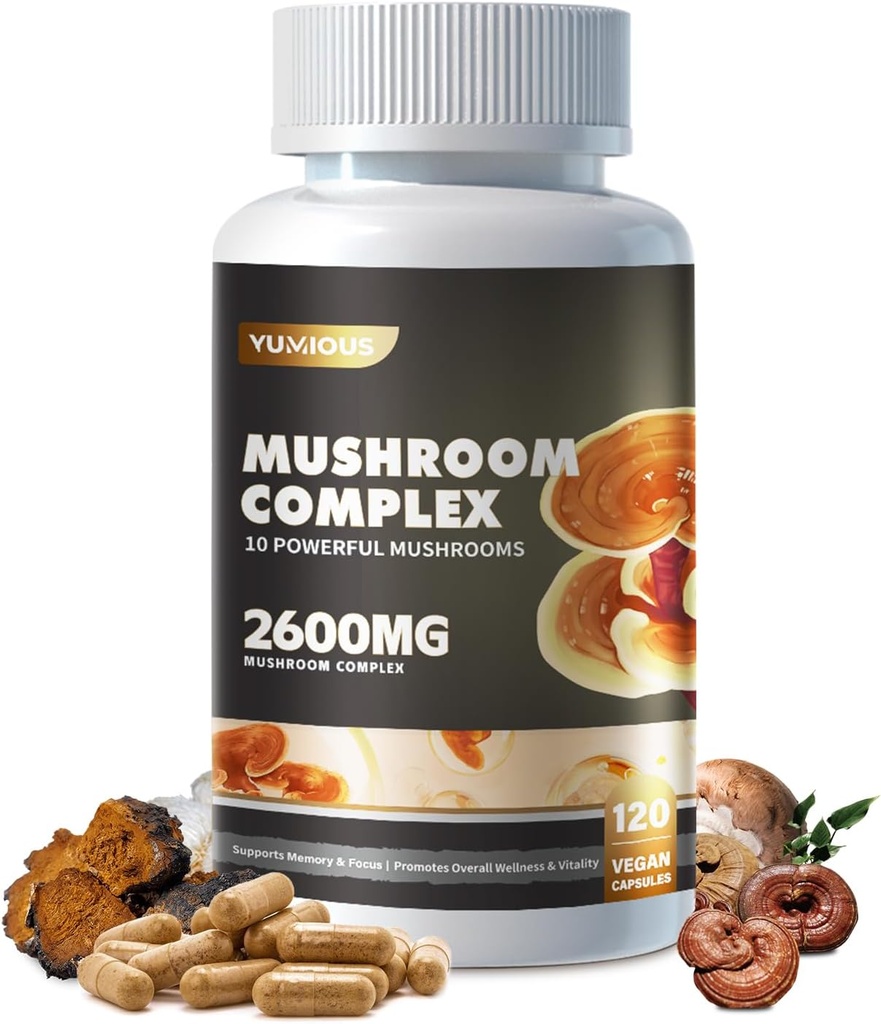 Mushroom Complex Supplement 2600mg, 120 kapsler - 10 svampe Blend - Reishi, løver mane supplement kapsler, Lions Mane, Cordyceps, Chaga, Tyrkiet Tail, Maitake, Shiitake, Oyster Nootrop Complex