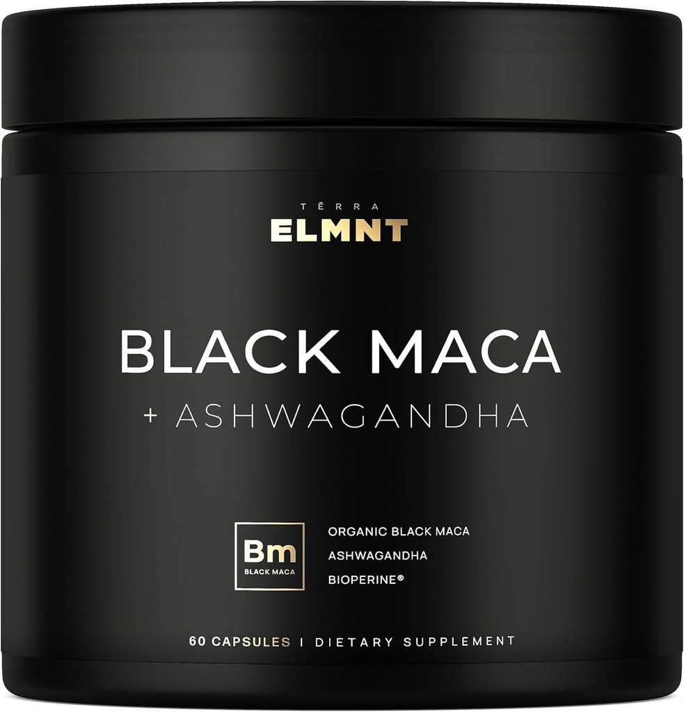 ELMNT 40,000mg 40x Strength Organic Black Maca Root w. Ashwagandha - # 1 Højeste potens Black Maca Root kapsler til mænd Supplement 40: 1 Uddrag - 100% Pure Maca Peruana Maca Powder Pills Gelatinized