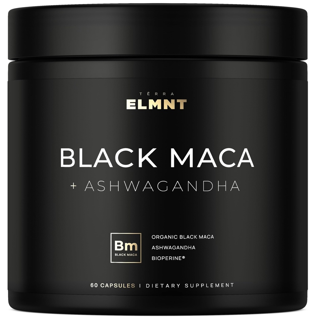 ELMNT 40,000mg 40x Strength Organic Black Maca Root w. Ashwagandha - # 1 Højeste potens Black Maca Root kapsler til mænd Supplement 40: 1 Uddrag - 100% Pure Maca Peruana Maca Powder Pills Gelatinized