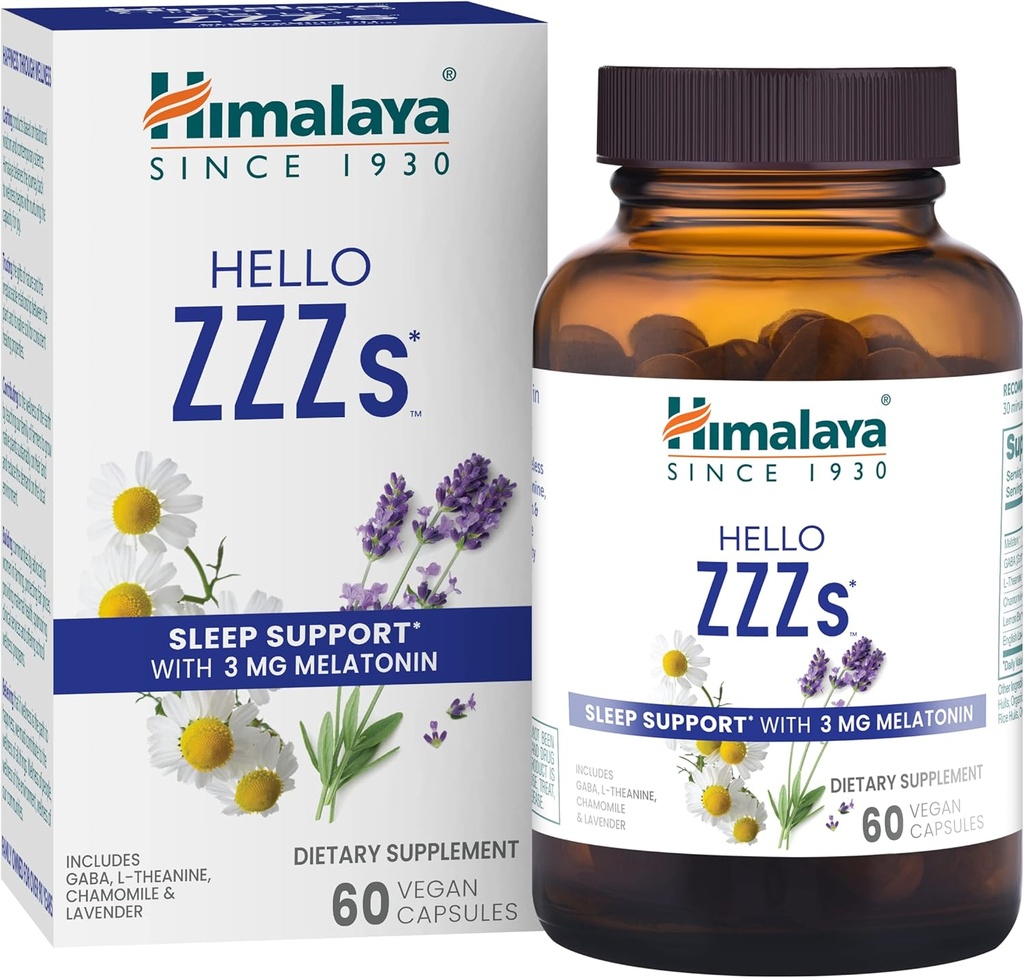 Himalaya Hello ZZZs, 60 Day Supply - Herbal Sleep Supplement with Melatonin, GABA, L-Theanine, Lavender, Chamomile and Lemon Balm - Vegan, Non-GMO, Gluten Free, 60 Capsules