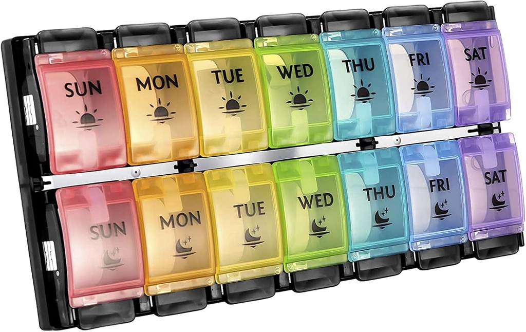 FGcase AM PM Weekly 7 Day Pill Organizer, Store daglige pill sager Pill Box med nem trykknap, Pill Reminder Container til medicin, Vitamin, piller, fiskeolie og supplement