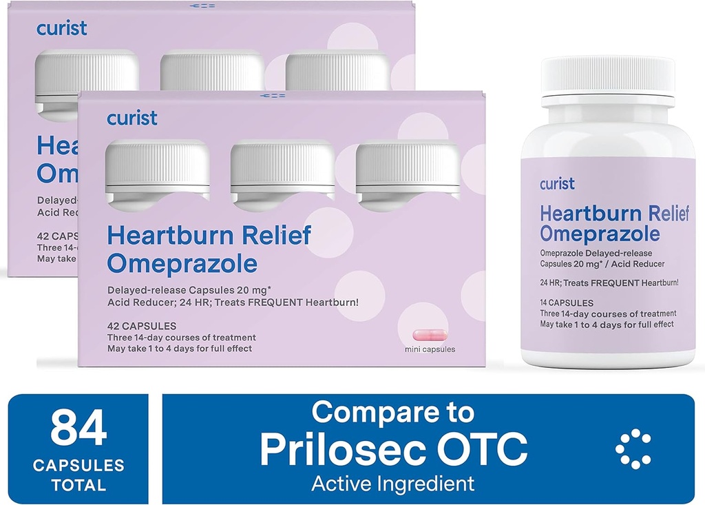 Curist Omeprazol 20mg Bulk 84 ct (2 pakninger med 42 ct) Kapsler Forsinket frigivelse - Acid Reflux Medicine for Heartburn Relief - Omeprazol Magnesium 20, 6 mg 84 Kapsler