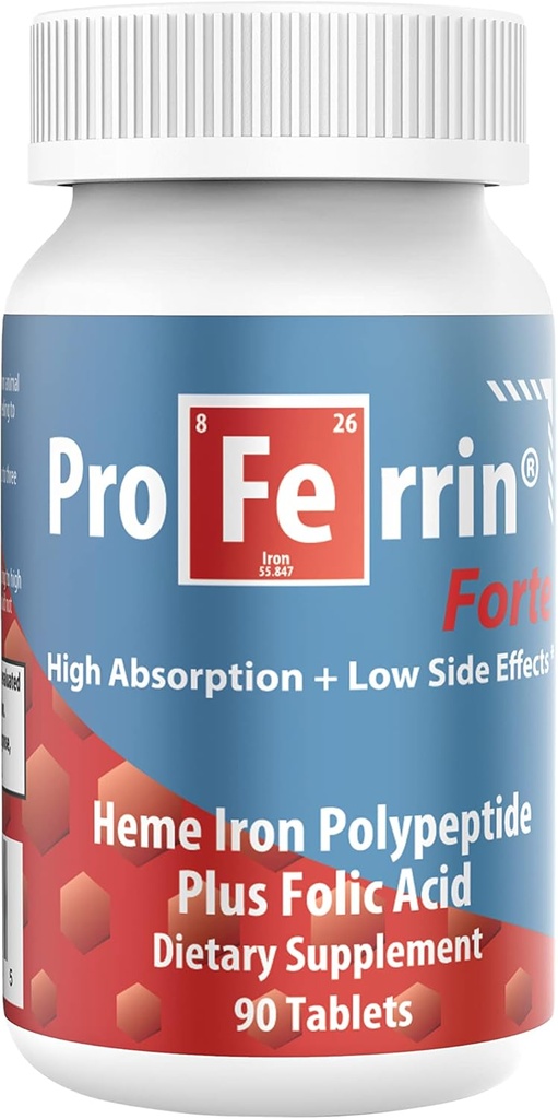 Proferrin Forte- 12mg høj Absorbing Heme Iron Polypeptid. Let på Gut. 90 tabletter. 1mg folinsyre til at hjælpe i røde blodceller produktion. Ikke påvirket af kaffe, calcium eller PPI.