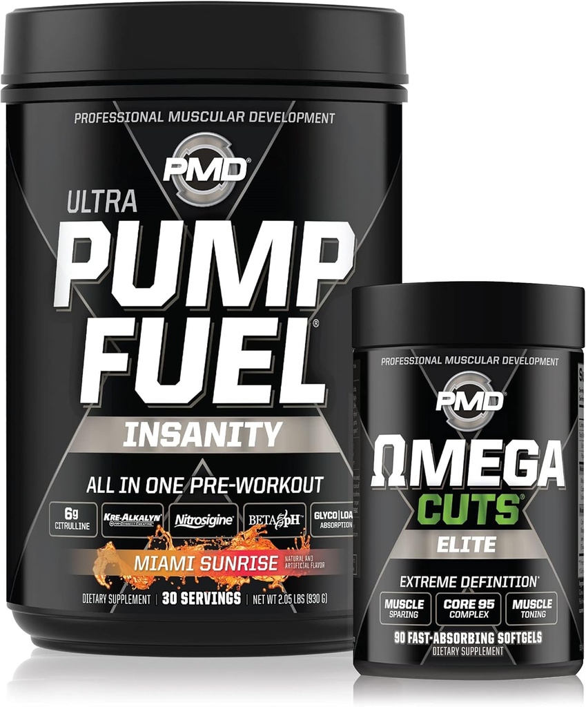 PMD Sports PMD Sports Ultra Pump Fuel Insanitet - Pre Workout - Miami Sunrise (30 Servere) & PMD Sports Omega skærer Elite termogene Fat Burner (90 Softgels)