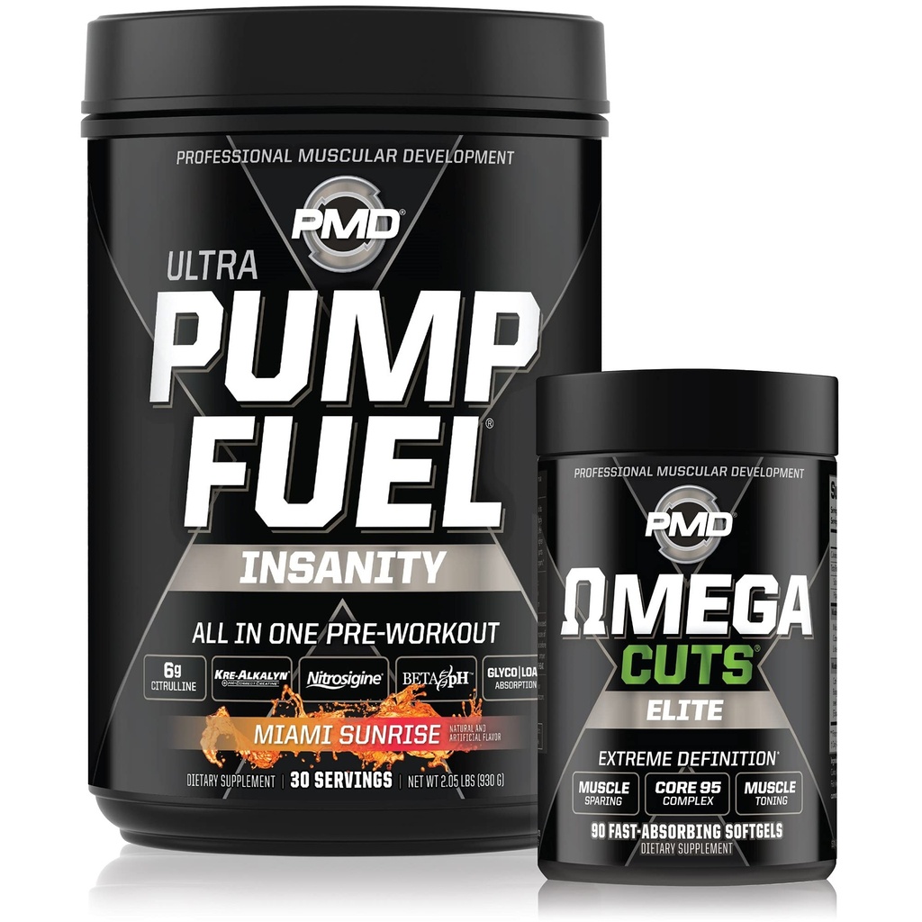 PMD Sports PMD Sports Ultra Pump Fuel Insanitet - Pre Workout - Miami Sunrise (30 Servere) & PMD Sports Omega skærer Elite termogene Fat Burner (90 Softgels)