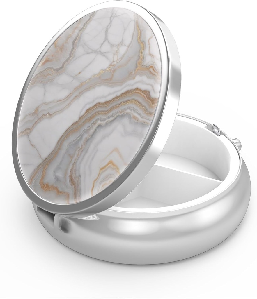 Pill Box 3 Segment Lille Pill Case, Portable for Pocket eller Purse Pill Organizer Pill Container Holder til at holde vitaminer, medicin, fiskeolie og kosttilskud (Gray Marbling Gold)