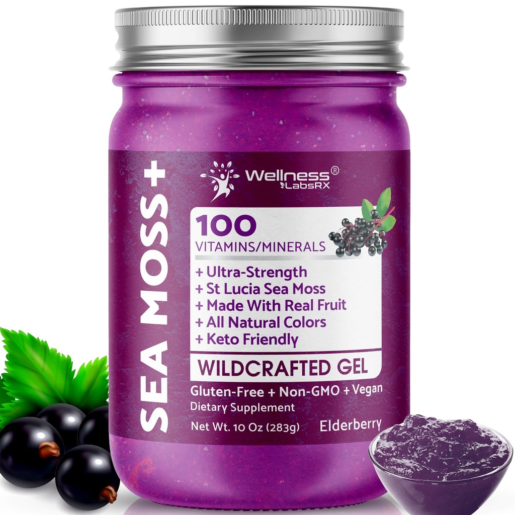 WELLENess LALSRX Irish Sea Moss Gel Raw - Fremstillede Superfood Seamoss Gel - Elderberry Flavor, Vitamin og Mineral- Rich fra Pristine Caribbean Waters, Immun og fordøjelsessygdomme support - 10 oz.