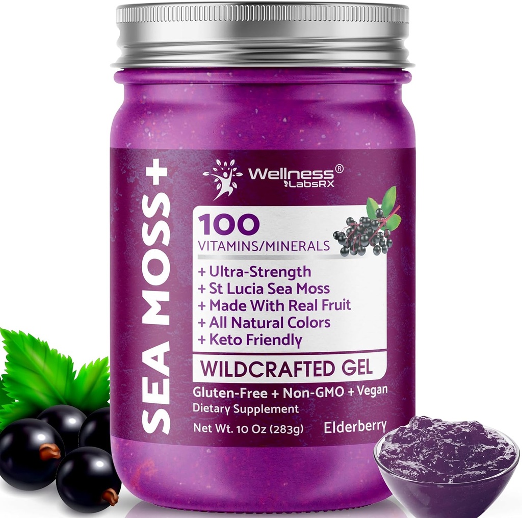WELLENess LALSRX Irish Sea Moss Gel Raw - Fremstillede Superfood Seamoss Gel - Elderberry Flavor, Vitamin og Mineral- Rich fra Pristine Caribbean Waters, Immun og fordøjelsessygdomme support - 10 oz.