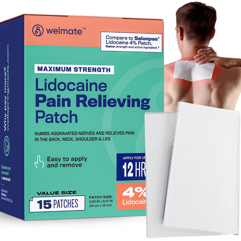 WELMATE Pain Patches Maximum Strength Lidocain 4% Topical Numbing Analygesic - Lidocain Patches for Nerve & Rygsmerter Relief, Sciatica, Neck Muscle Strain, Knee, Shoulder Joint, Hip, Foot (15ct)