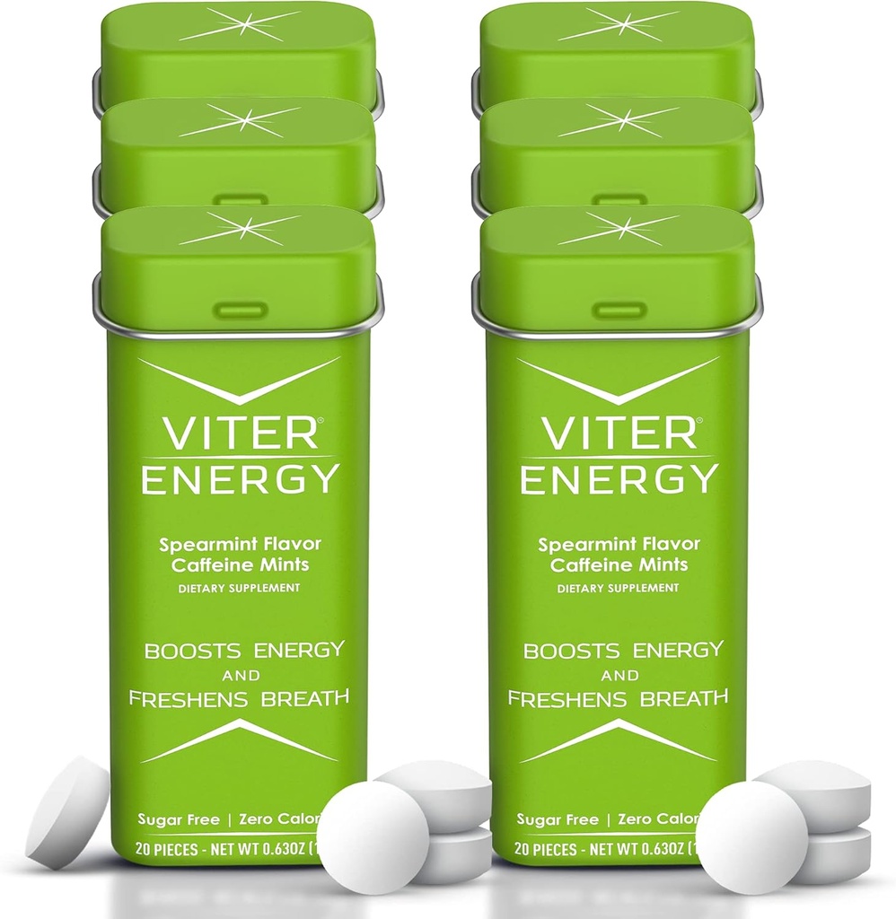 Viter Energy 40mg koffein mints - Sugar Free, B Vitamin, Vegan, øger hurtig energifyldt Alert Focus, Kaffeined Nootrope Supplement piller (Spearmint Flavor, 20pcs, 6 Pack, 120pcs Total)