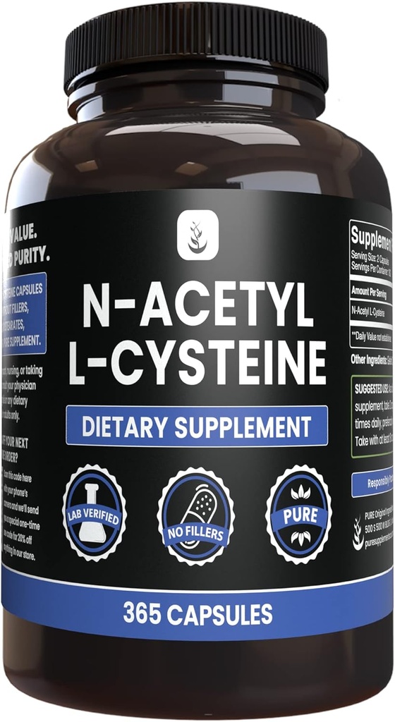 PURE ORIGINALSKE INGREDIENSER N- Acetyl L- Cystein (365 kapsler) Ingen Magnesium eller Rice Fillers, Altid Pure, Lab Verified