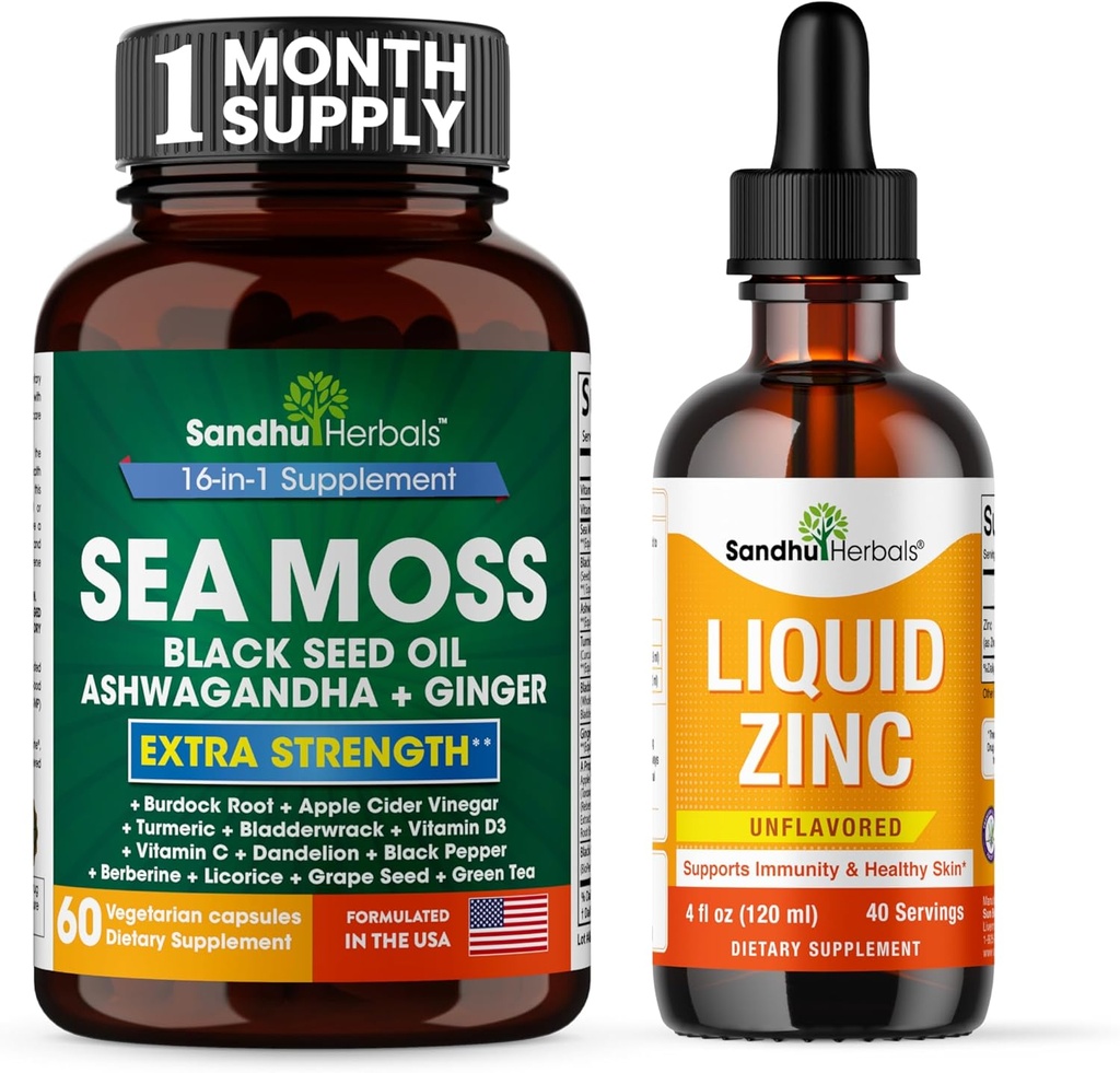 SANDHUHERBALS Sandhu Herbals Sea Moss 60 Capsules & Liquid Zinc Ionic Drops Supplement 4 fl oz | Supplement for Men & Women| Made in USA