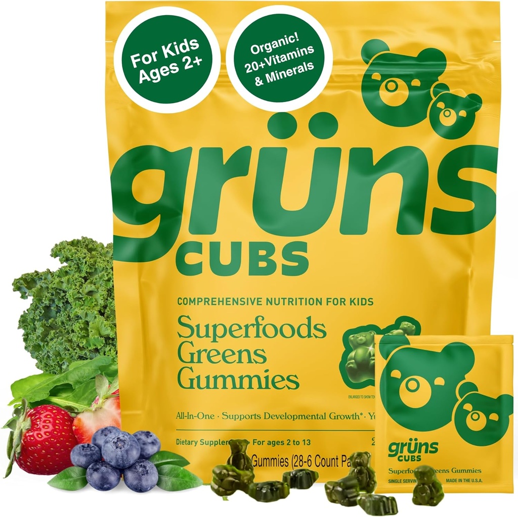 Gruns Multivitamin til børn, Super Green Gummies, Superfood Gummy Bears med 20 + Vitamin & Minerals, Spirulina, Chlorella, Prebiotics Fiber til fordøjelse, Adaptogens supplement, 28 dages forsyning