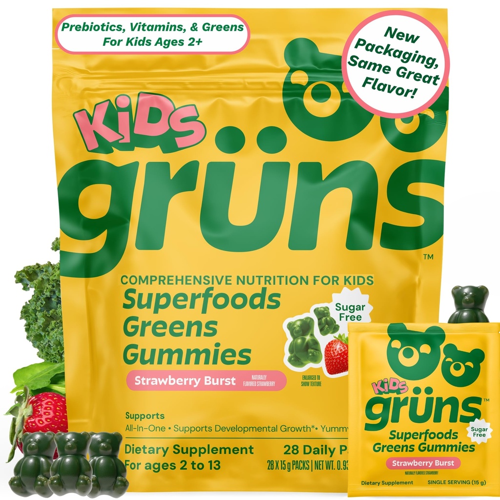 Gruns Multivitamin til børn, Super Green Gummies, Superfood Gummy Bears med 20 + Vitamin & Minerals, Spirulina, Chlorella, Prebiotics Fiber til fordøjelse, Adaptogens supplement, 28 dages forsyning