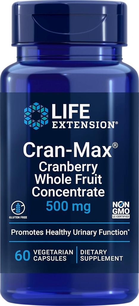 Life Extension Cran-Max®, 500 mg, Cranberry Whole Fruit Concentrate, Promotes Urinary Tract Health with Powerful antioxidants, Gluten-Free, Vegetarian, Non-GMO, 60 Capsules