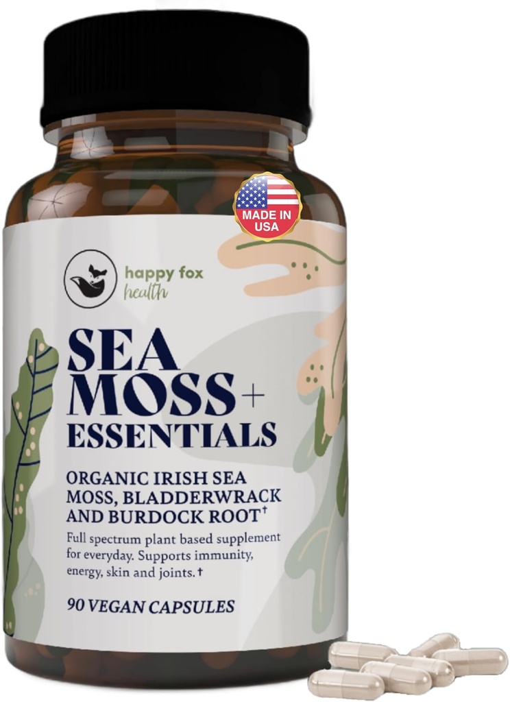 HAPPY FOX Irish Sea Moss Kapsler med Burdock Root & Bladerwrack - Alternativ til Seamoss Gummies eller Powder, 90 Vegan Kapsler, Lavet i USA
