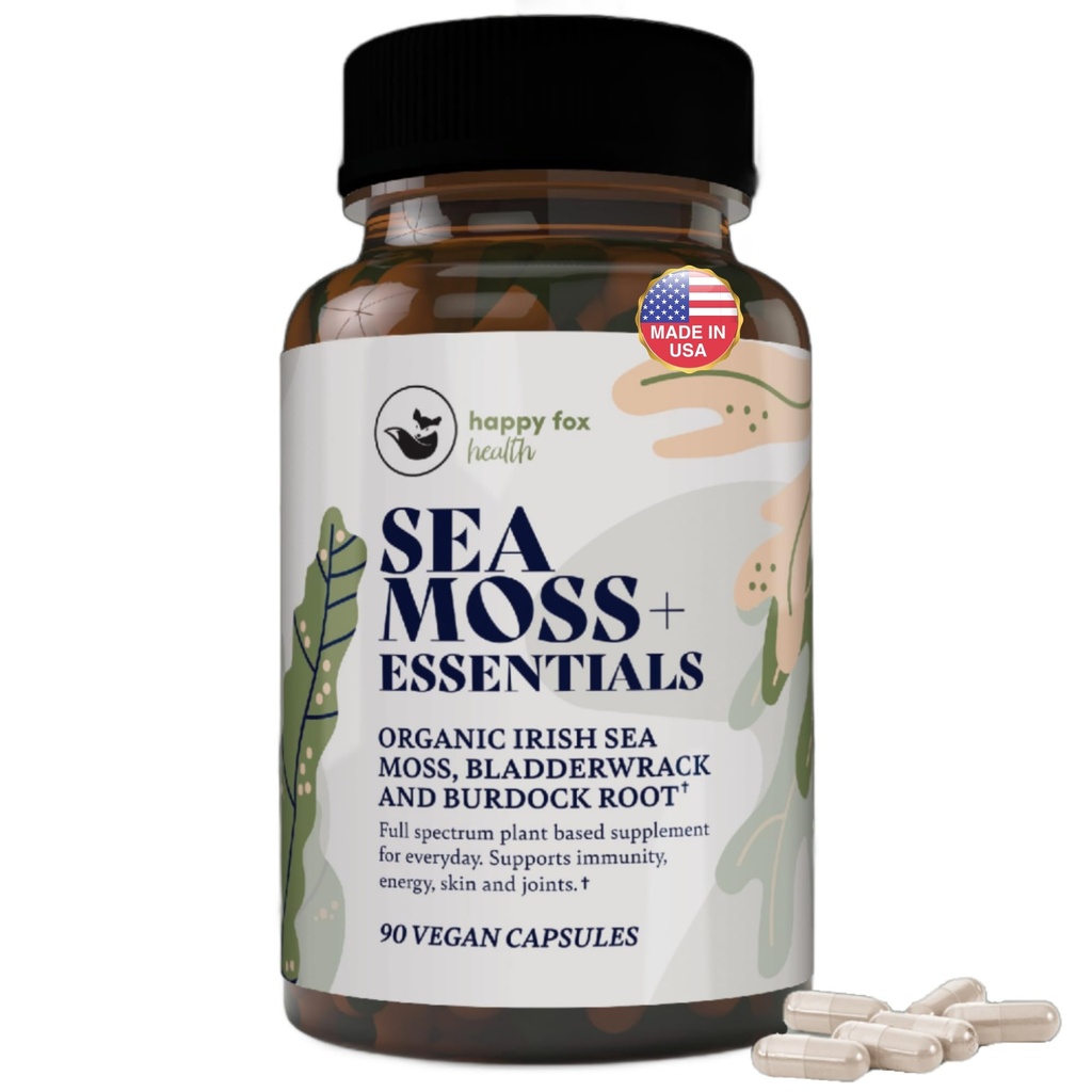 HAPPY FOX Irish Sea Moss Kapsler med Burdock Root & Bladerwrack - Alternativ til Seamoss Gummies eller Powder, 90 Vegan Kapsler, Lavet i USA