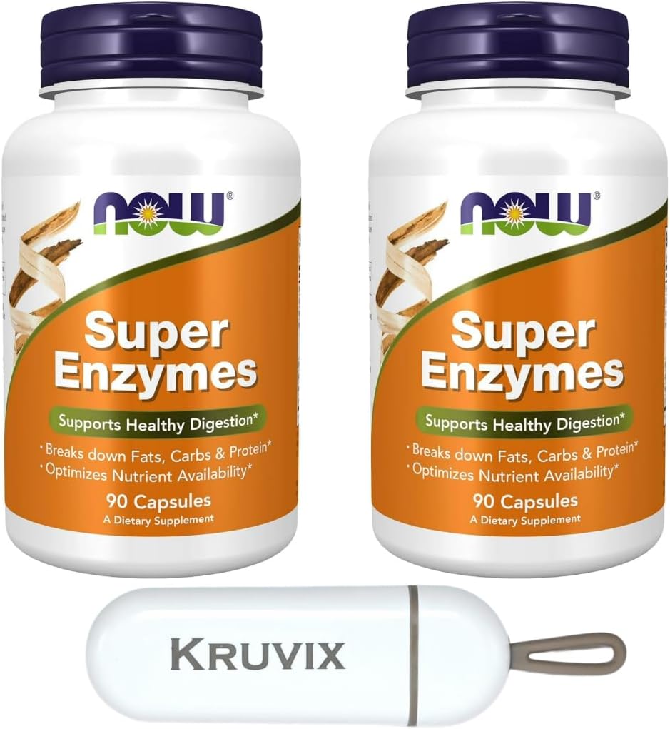 Now Foods Kosttilskud, Super Enzymes Mea124; Formuleret med Bromelain, Ox Bile, Pancreatin og Papain, Super Enzymes Mea124; 90 Kapsler - pakke med 2 med Pill Organizer