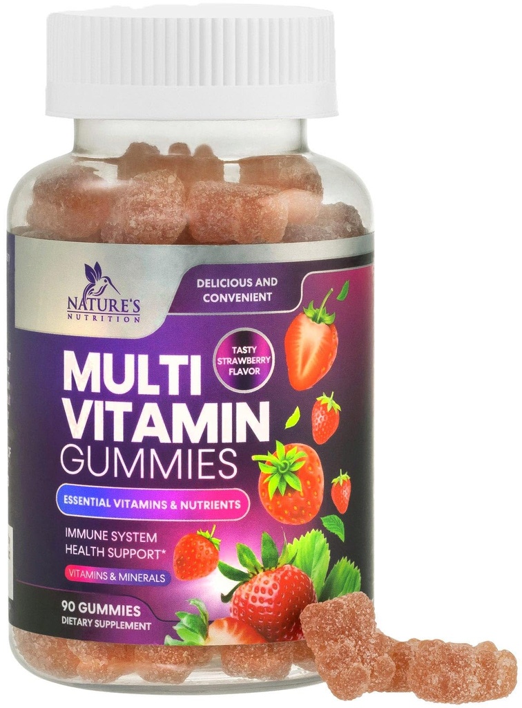Multivitamin Gummy for voksne, Daglige Gummy Vitamin & Min med Vitaminer A, C, D, B12 for kvinder og mænd, Immunstøtte Gummy Multivitaminer supplement, Voksen Multi VIT Vitamin - 90 Gummies