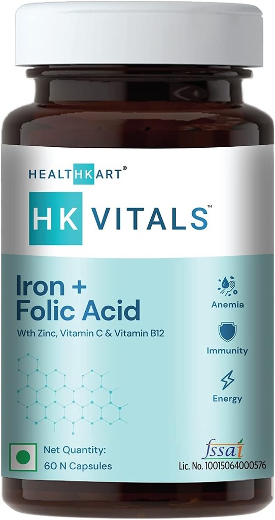 Sundhed k Iron + folinsyre supplement, med zink, C-vitamin & vitamin B12, understøtter blodbygning, immunitet og energi, 60 Iron folinsyre kapsler